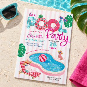 Pink Retro Pool Party Birthday Invitation