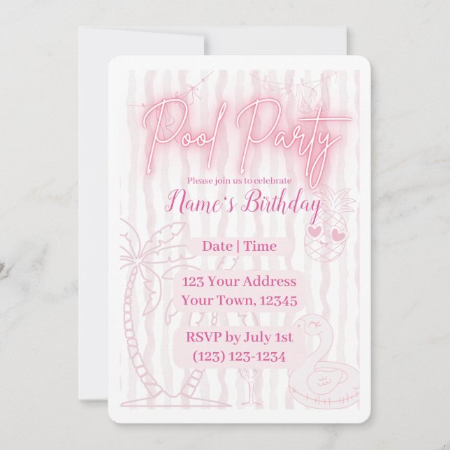 Pink Retro Pool Party Invitation | Girly Summer  (Front)