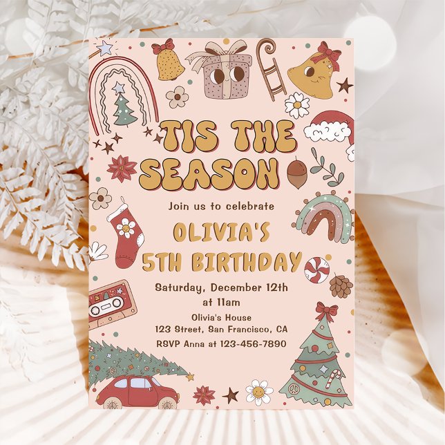 Pink Retro Rainbow Christmas Tree Birthday Invitation (Creator Uploaded)