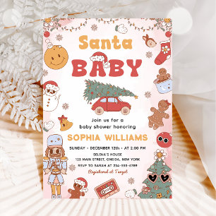 Pink Retro Santa Baby Christmas Baby Shower Invitation