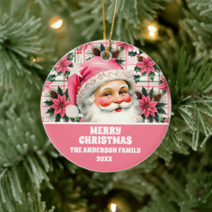 Pink Retro Santa Claus Christmas Floral Plaid Ceramic Tree Decoration
