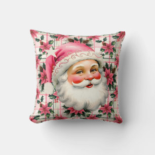 Pink Retro Santa Claus Christmas Floral Plaid Cushion