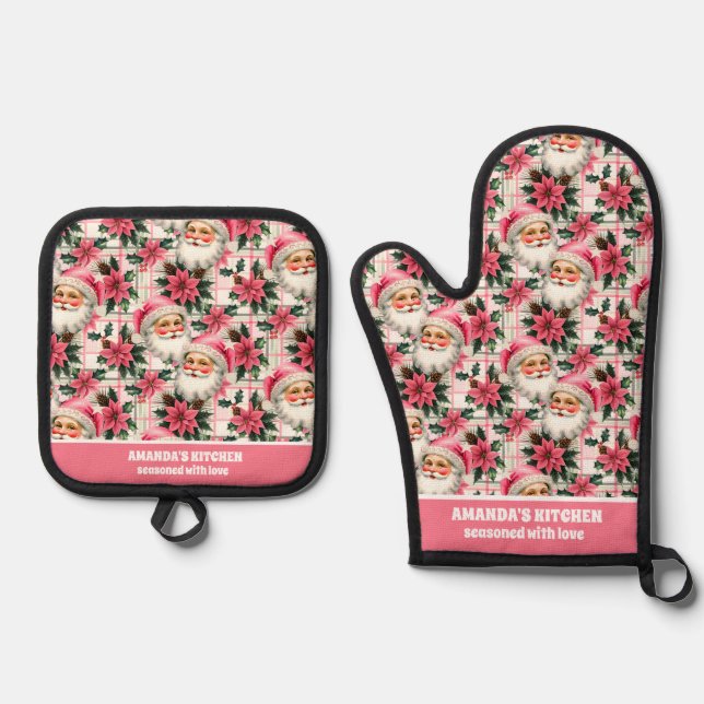 Pink Retro Santa Claus Christmas Floral Plaid Oven Mitt & Pot Holder Set (Front)