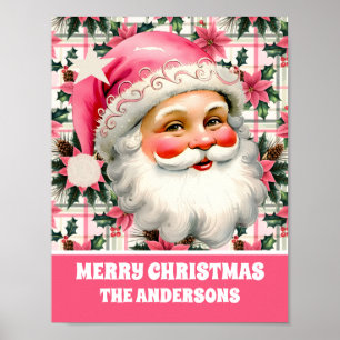 Pink Retro Santa Claus Christmas Floral Plaid Poster