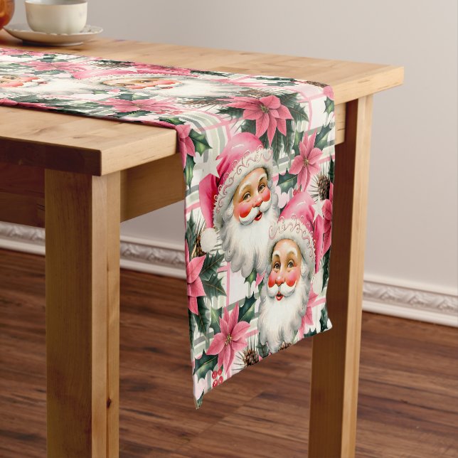 Pink Retro Santa Claus Christmas Floral Plaid Short Table Runner (In Situ)