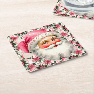 Pink Retro Santa Claus Christmas Floral Plaid Square Paper Coaster