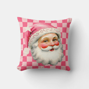 Pink Retro Santa Claus Pink Tartan Plaid Christmas Cushion