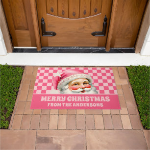 Pink Retro Santa Claus Pink Tartan Plaid Christmas Doormat