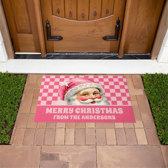 Pink Retro Santa Claus Pink Tartan Plaid Christmas Doormat (Outdoor)