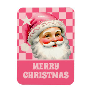 Pink Retro Santa Claus Pink Tartan Plaid Christmas Magnet