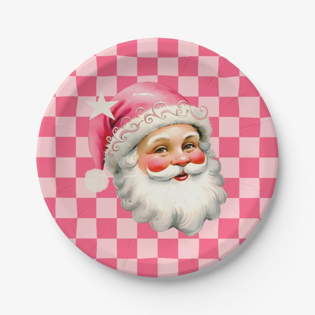 Pink Retro Santa Claus Pink Tartan Plaid Christmas Paper Plate (Front)