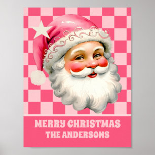 Pink Retro Santa Claus Pink Tartan Plaid Christmas Poster