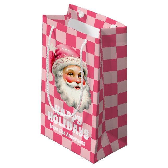 Pink Retro Santa Claus Pink Tartan Plaid Christmas Small Gift Bag (Front Angled)