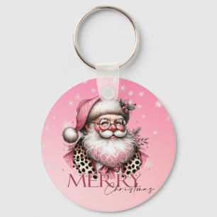Pink Retro Santa Claus Vintage Merry Christmas  Key Ring