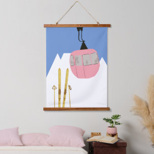 Pink Retro Ski Lift Mountain Hanging Tapestry