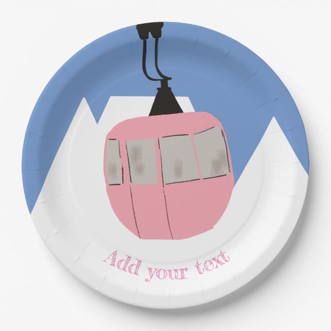 Pink Retro Ski Lift Skiing Snow Mountain  Paper Plate (Front)