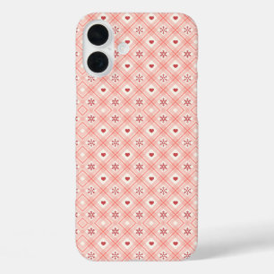 Pink Retro Snowflakes And Hearts Pattern  iPhone 16 Plus Case
