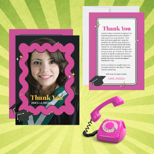 Pink retro squiggle wavy photo thank you card