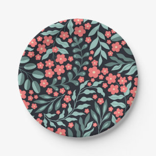 Pink retro style blooming flowers in Nordic style Paper Plate