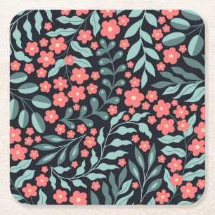 Pink retro style blooming flowers in Nordic style Square Paper Coaster