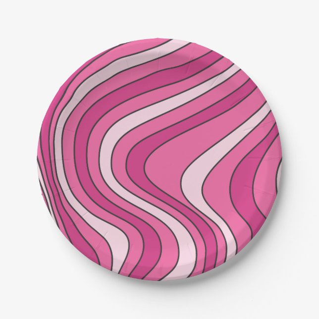 Pink retro style waves paper plate (Front)