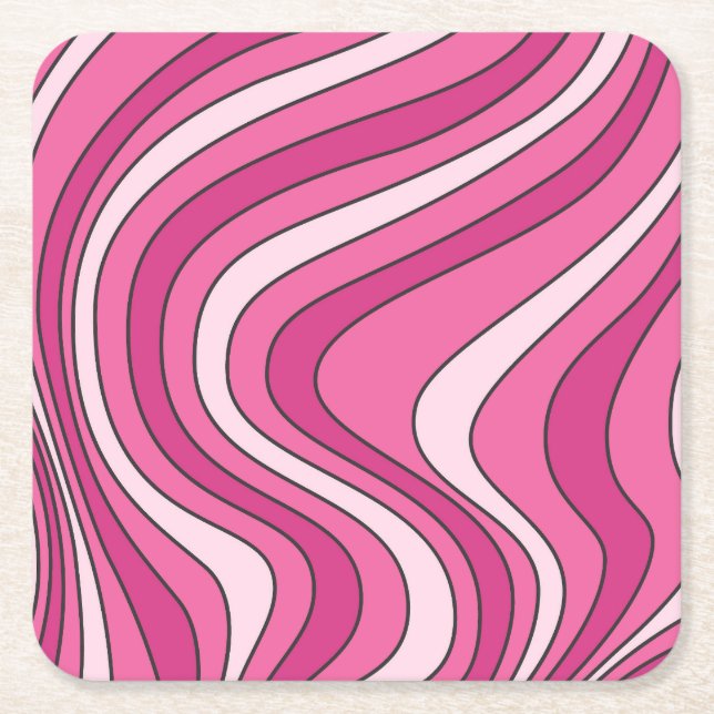 Pink retro style waves square paper coaster (Front)
