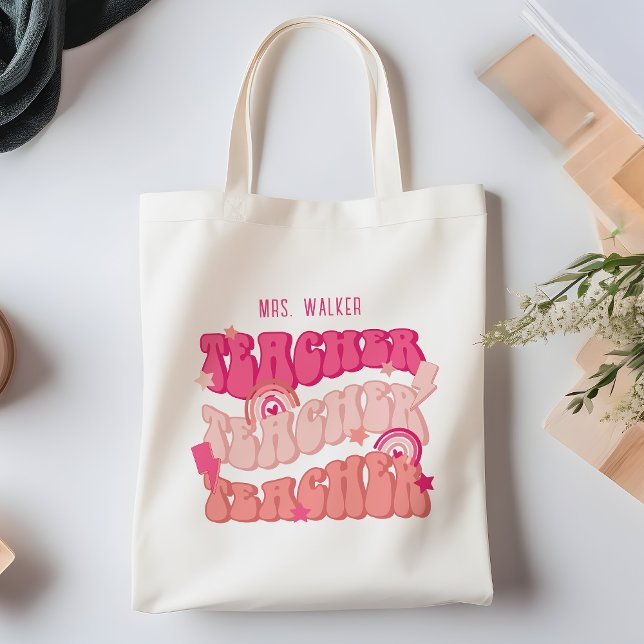 Pink Retro Teacher Appreciation Personalised Tote Bag (Creator Uploaded)