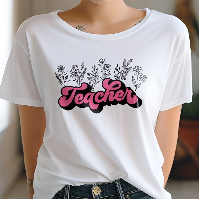 Pink Retro Teacher Wildflower T-Shirt (Creator Uploaded)