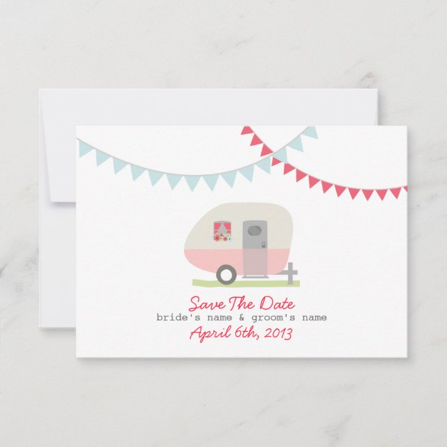 Pink Retro Trailer & Wedding Save The Date (Front)