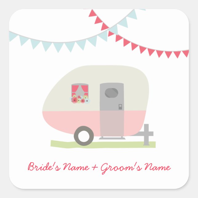 Pink Retro Trailer Wedding Sticker (Front)