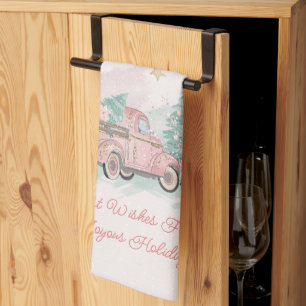 Pink Retro Truck Watercolor Christmas Tree  Tea Towel