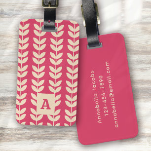 Pink Retro Vibe Leaf Pattern Monogram Luggage Tag