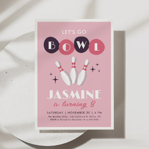 Pink Retro Vintage Bowling Birthday Invitation
