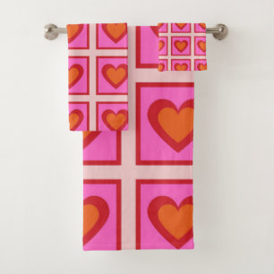 Pink Retro Vintage Chequered Heart Y2K Pattern  Bath Towel Set
