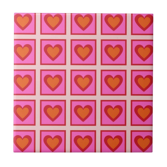Pink Retro Vintage Chequered Heart Y2K Pattern  Tile (Front)