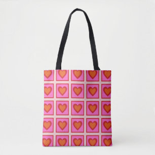Pink Retro Vintage Chequered Heart Y2K Pattern Tote Bag