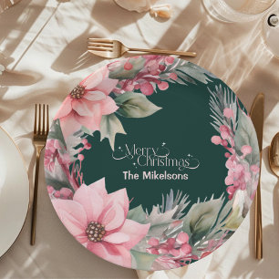 Pink Retro Vintage Christmas Paper Plate