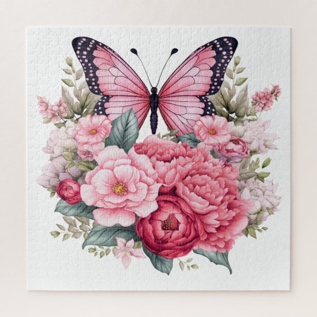 Pink Retro Watercolor Butterfly and Flowers Jigsaw Puzzle (Vertical)