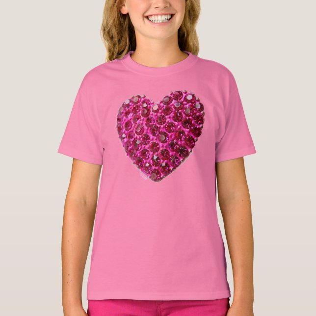 pink rhinestone love heart girls t shirt (Front)