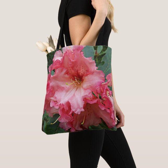 Pink Rhododendron Bloom Floral Tote Bag (Close Up)