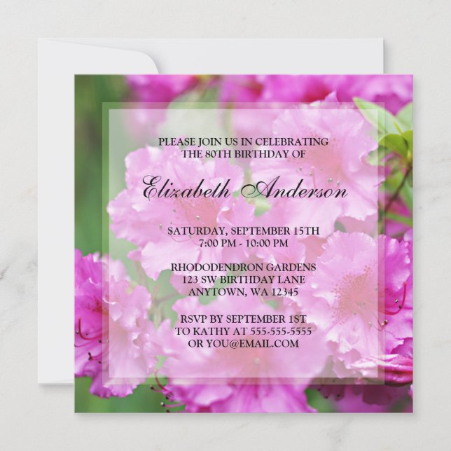 Pink Rhododendron Flowers 80th Birthday Party Invitation (Front)