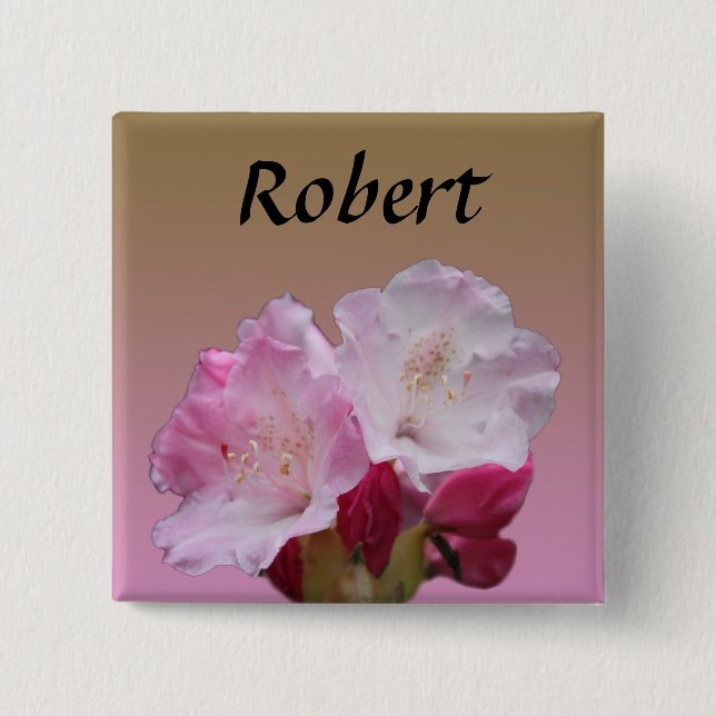 pink rhododendron flowers name button (Front)