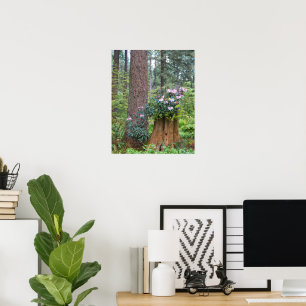 Pink Rhododendrons on Tree Stump Floral Poster