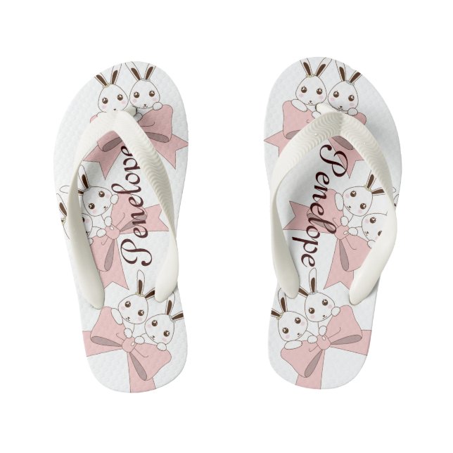 Pink Ribbon and Cute Twin Bunny Custom Kid's Jandals (Footbed)