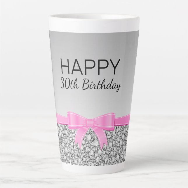 Pink Ribbon And Grey Glitter Birthday Latte Mug (Front)