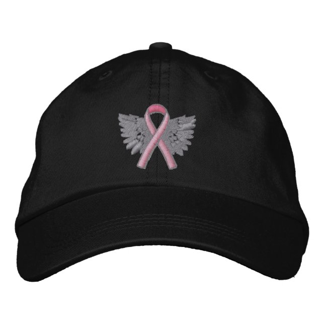 Pink Ribbon Angel Wings Logo Breast Cancer Embroidered Hat (Front)