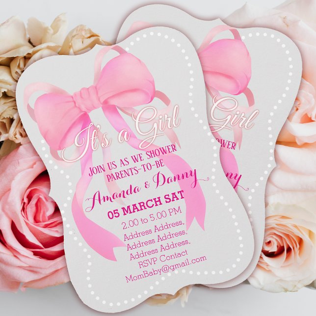 Pink Ribbon Baby Shower Grey Holiday Card (Ribbon Baby Shower Invitation Card.)