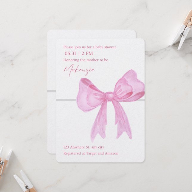 Pink Ribbon Baby Shower Invitations (Front/Back In Situ)