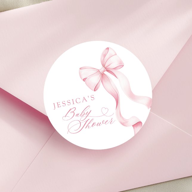 Pink Ribbon Baby Shower Round Sticker (Creator Uploaded)