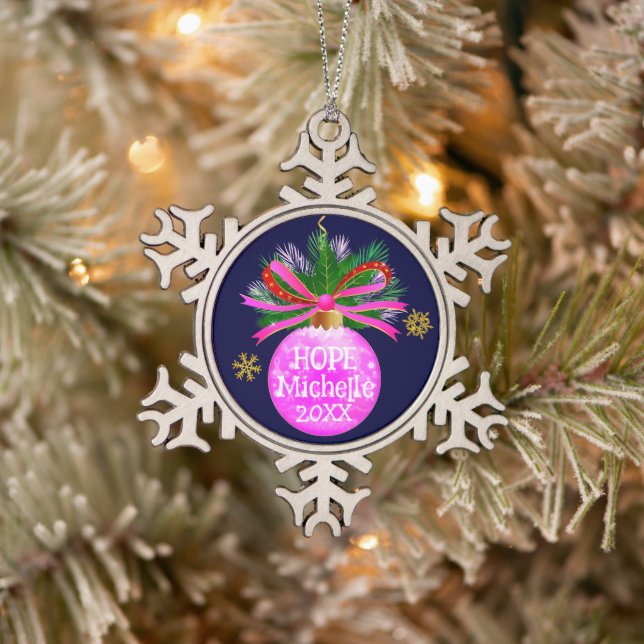 Pink Ribbon Bauble Snowflake Pewter Christmas Ornament (Tree)